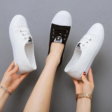 帆布鞋女2025年新款夏季薄款一腳蹬春小淺口布鞋平底單鞋小白鞋子