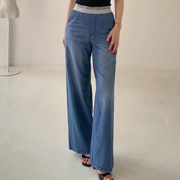 韓國女裝連線 - (Cool Max)鬆緊腰棉混紡輕薄丹寧寬褲-中青