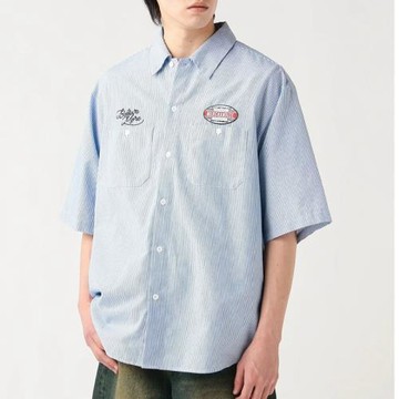百分之十日單bms T/C牛津布 條紋 刺繡口袋 短袖襯衫 男夏裝
