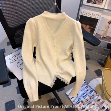 法式蕾絲花邊V領圍脖針織衫女2025秋季新款內搭顯瘦開叉短款毛衣