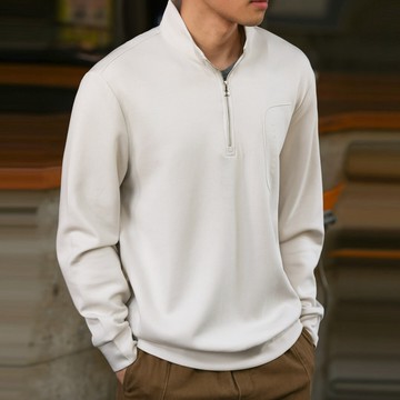 Wuluwear 美式休閒半拉鍊立領長袖T恤男微寬莫代爾親膚運動打底衫
