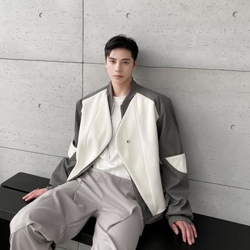 秋冬加厚毛呢拼接棒球領夾克外套男短潮流立體紋理痞帥上衣高級感