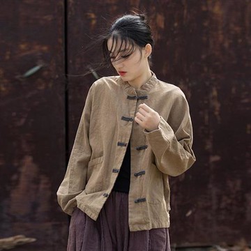 【米蘭精品】現貨+預購 新中式罩衫棉麻襯衫手工亞麻上衣夏季女裝大尺碼-長袖盤扣女上衣2色74lw22