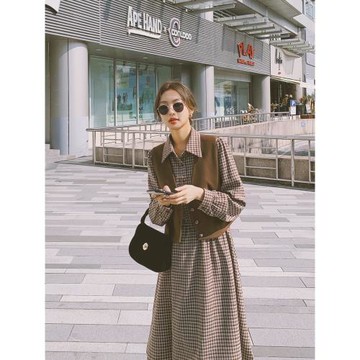 格子春裝復古顯瘦長袖連衣裙