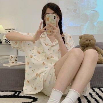 睡衣純棉夏季女生新款卡通可愛大碼開衫短袖薄款可外穿家居服套裝