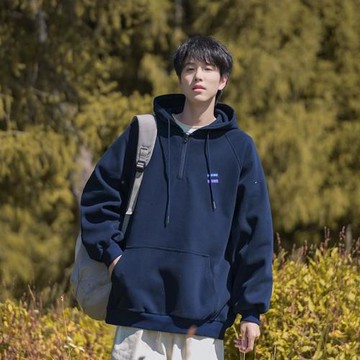 藏青色半拉鏈衛衣男日系復古cityboy上衣春秋青少年休閑運動外套