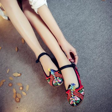 春夏新款彩繩民族風拼色繡花鞋復古老北京布鞋漢服鞋內增高女單鞋