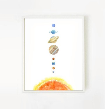 兒童房佈置-北歐風居家海報-太陽系/九大行星水彩畫-復制畫-臥室