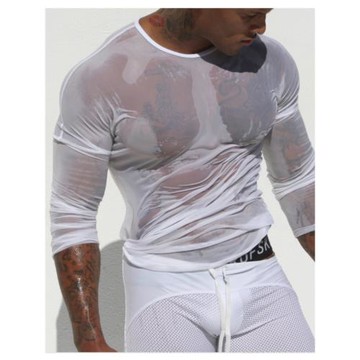 可外穿網紗透明長袖T恤男休閑家居上衣修身運動健身肌肉誘惑紗衣