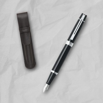 SHEAFFER  300系列黑桿銀夾鋼筆-F尖+皮革筆袋/磁性手機卡夾禮盒