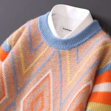 秋冬新款男士山羊絨衫圓領休閑毛衣青年大學生打底拼色加厚羊毛衫