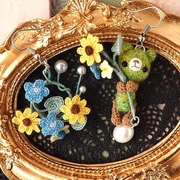 【耳環/耳夾】繡花線/鉤針/向日葵/花束/小熊/花圈