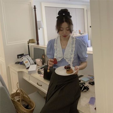 范雯雯 新澤西少女 蕾絲娃娃領藍色襯衫女夏季短袖襯衣寬松上衣