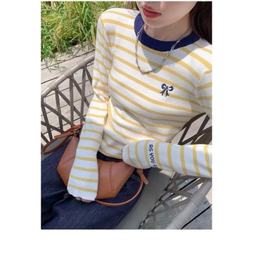 美式撞色條紋長袖上衣女秋冬圓領打底衫百搭刺繡t恤