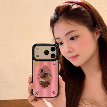 ins早春 花朵條紋橢圓鏡子 適用 蘋果 iPhone 17 16 創意 15 14 13 12 Pro Max 手機殼