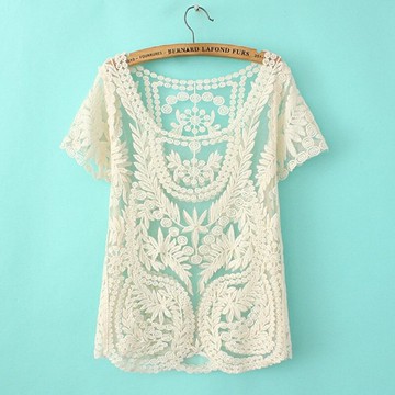 短袖罩衫蕾絲上衣-鏤空網紗勾花圓領女裝6色74ab42【獨家進口】【米蘭精品】