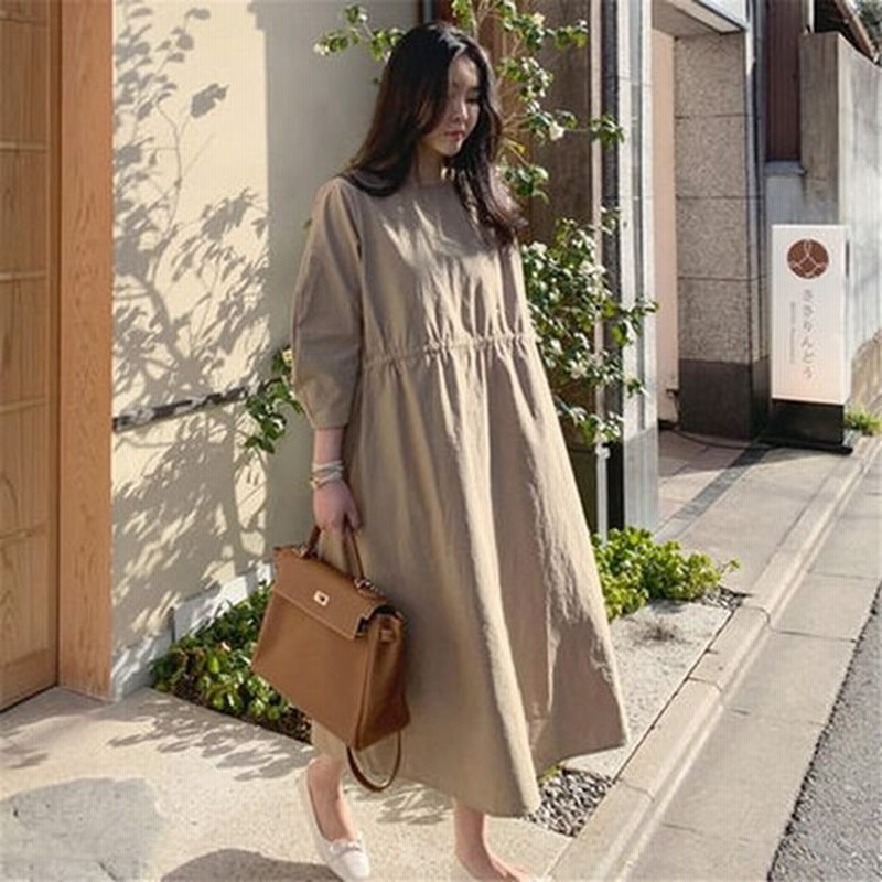 レディース ワンピース 秋 冬 長袖 ウエストギャザーロングワンピース ラウンドネック ミモレ丈 ロング丈 シンプル ナチュラル ガーリー 無地 通販 Lineポイント最大0 5 Get Lineショッピング