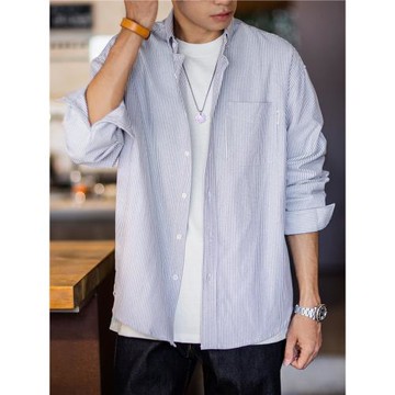 上彈工裝 美式復古寬松休閑廓形豎條紋口袋襯衫男24年新款長袖