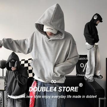 【DOUBLE4】素面短寬帽Tee boxy 不掉毛 大帽 挺版 內刷毛 大寬袖 短版帽t 男女 2543