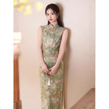【桃喜Rich女裝】綠色旗袍 新中式油畫風無袖長款旗袍裙 清新煙雨江南旗袍 國風洋裝 優雅連身裙 宴會洋裝