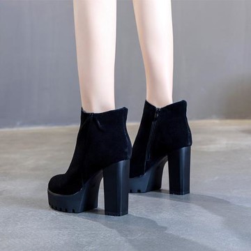 12CM馬丁靴女防水臺粗跟高跟鞋磨砂真皮短靴時尚秋冬加絨顯瘦靴子