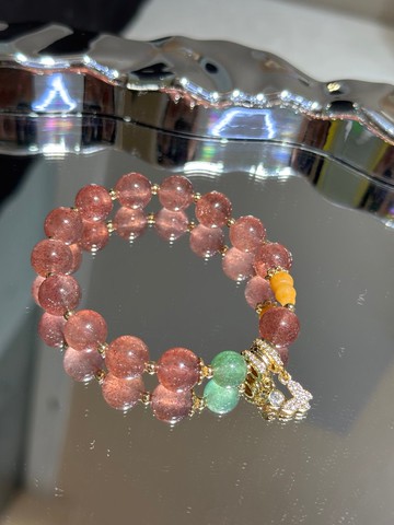 天然草莓晶手鏈 規格10公釐搭配天然綠草莓晶 金絲玉葫蘆