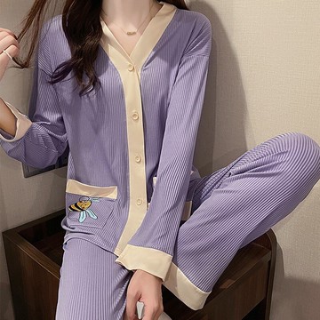 春秋款睡衣女長袖棉質薄款開衫純色簡約甜美冬季可出門家居服套裝