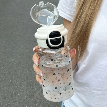 ✨臺灣出貨✨恆度原創黑白貓咪塑料水杯女生夏天ins學生高顏值可愛吸管水杯子