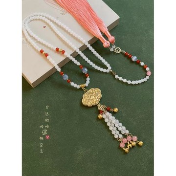 新中式平安鎖瓔珞流蘇項鏈女國風古風長款背云馬面裙漢服旗袍配飾