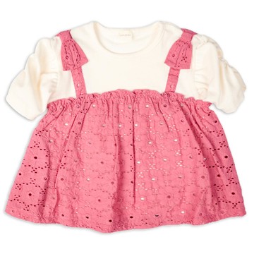 akachan honpo - 短袖假兩件T恤-蕾絲-粉紅色 (120cm)