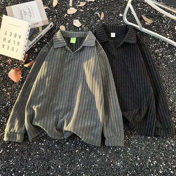 美式潮牌肌理感長袖t恤男秋季休閒寬鬆帥氣翻領上衣男