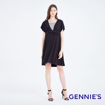 Gennies奇妮 大V領哺乳孕婦洋裝-黑(T1H12)