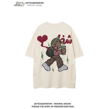 美式高街像素風卡通人物印花短袖T恤男女寬松oversize情侶體恤衫