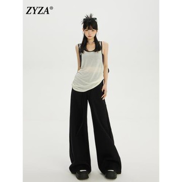 (免運)ZYZA黑色休閑褲女2026寬松直筒褲慵懶松弛感褲子春季款拖地運動褲