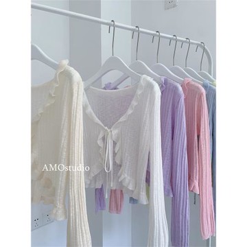 荷葉邊系帶冰絲針織防曬開衫夏季薄款女小披肩外套純欲風甜辣外搭