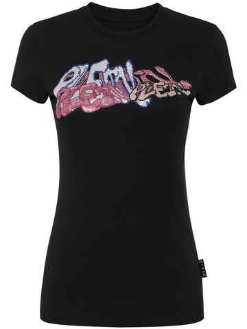 Philipp Plein - crystal-embellished logo-print T-shirt - women - Cotton/Glass Fiber - XS - Black