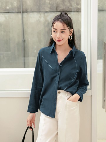 高含棉造型拼接跳色壓線長袖襯衫