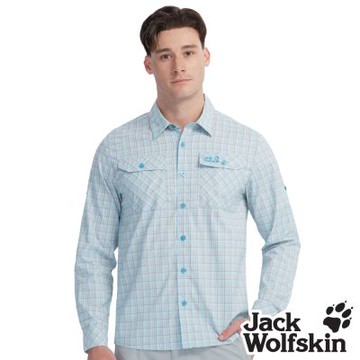 【Jack wolfskin飛狼】男 美式格紋 可捲袖長袖防曬襯衫『藍』