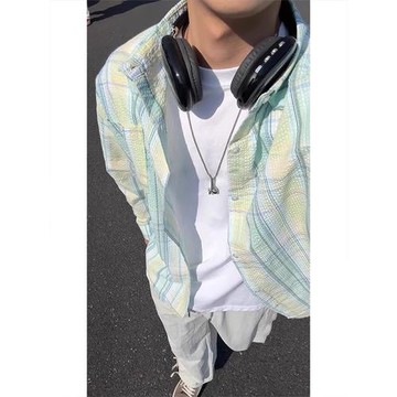 小清新薄荷綠polo領格子襯衫男夏季小眾高級感襯衣慵懶風防嗮外套