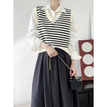 JPLUS自制 學院風V領黑白條紋復古針織毛線衣 微胖顯瘦馬甲背心女