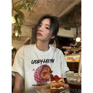 純棉花灰色短袖T恤女2026新款美式寬松卡通印花設計感小眾上衣夏