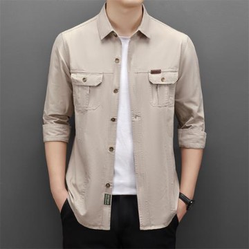 春秋季休閑韓版工裝男士薄款長袖襯衫中青年潮流外穿男裝襯衣上衣