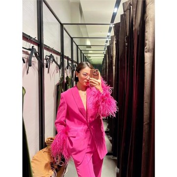 2025歐美風新款潮酷羽飾粉紅色直筒西裝外套女長褲-8216707 645