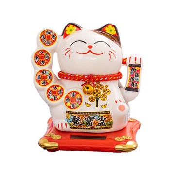 Cherry 聚寶盆 招財進寶 太陽能搖手陶瓷招財貓 (高14.5CM)
