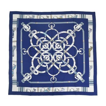 Hermes 愛馬仕 Eperon dOr et Tenues de Jour 140 手工捲邊喀什米爾與真絲混紡方巾(寶藍/白色)