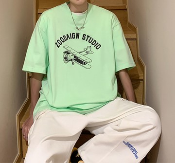 FINDSENSE X 韓潮 寬鬆大尺碼 街頭 復古飛機字母印花 男士 純棉 短袖T恤