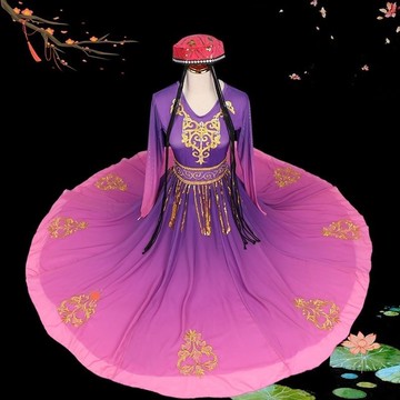 ✨可開發票#2024新款熱銷 民族舞服飾 新疆舞蹈裙 維族裙子 半身大擺裙 表演服 廣場舞維吾爾族舞練功裙 紫色TWZG