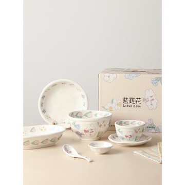 藍蓮花碗陶瓷餐具套裝家用特別好看的湯碗面碗個人專用兒童碗飯碗