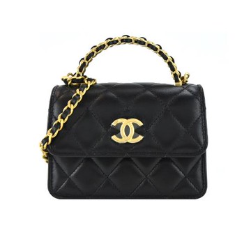 CHANEL 新款經典LOGO 小羊皮迷你鏈帶手提/斜背包(黑色)