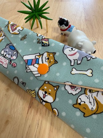 文青風環保純棉筷袋 柴犬愛逛街 內超Q防水層 質感湖水綠 天空藍